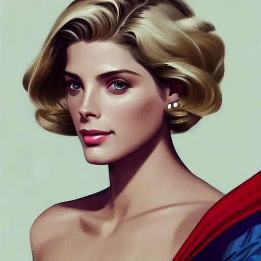 Prompt: Ashley Greene's face combined with Grace Kelly's face with blonde hair as Super Girl, western, D&D, fantasy, intricate, elegant, highly detailed, digital painting, artstation, concept art, matte, sharp focus, illustration, art by Artgerm and Greg Rutkowski and Alphonse Mucha