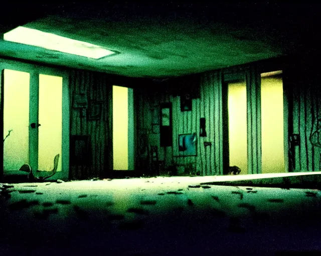 Image similar to low angle shot of an empty space at night, aquatic, shabby chic, cinematography by Jim Jarmusch, composition by Moebius, in the style of Lin Xiao, set design by Chris Cunningham, 35mm, polaroid, color film photography, soundtrack by Janis Joplin, written by James Joyce