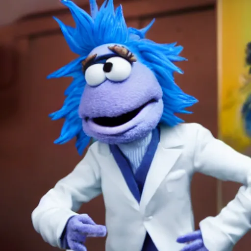 Prompt: rick sanchez with blue hair, wearing a white lab coat as a muppet. hyper real. 4 k. very detailed.