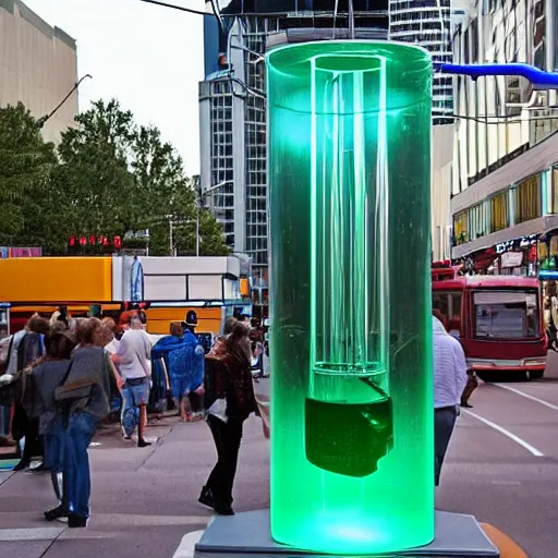 Prompt: Retro-futuristic man wearing fedora while standing in a 7-ft tall upside-down glass test tube. This tube is attached at the bottom to a seafoam-green and chrome motorized platform with wheels. , This vehicle is moving down main street at night, with the bright lights of windows and signs backlighting the glass tube, 8k, high detail, proper shading, 70mm color film, -n 6 -H 780 -W 1920