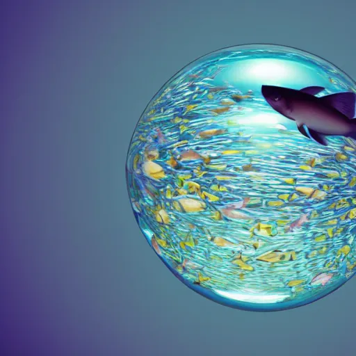 Image similar to photo of fish swimming inside a transparent sphere, high detail, 4k, complex