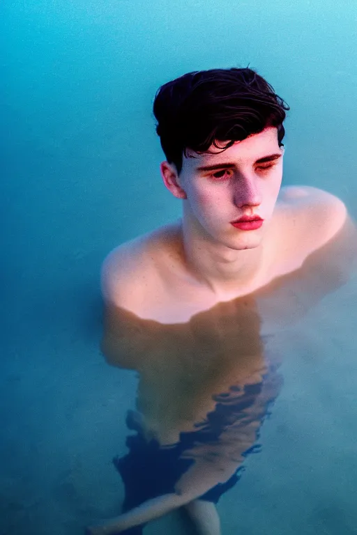 Image similar to high quality pastel coloured film mid angle docu photograph of a beautiful young 2 0 year old male, soft features, short black hair, swimming, submerging in an icelandic black rock pool environment. atmospheric. three point light. photographic. art directed. ( pastel colours ). volumetric light. clearcoat. waves glitch. 8 k. filmic.