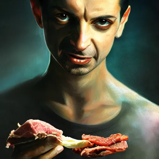 Prompt: portrait of a young and youthful dave gahan as a zombie eating some meat and under a spotlight, 7 days to die zombie, fine art, award winning, intricate, elegant, sharp focus, cinematic lighting, highly detailed, digital painting, 8 k concept art, art by guweiz and z. w. gu, masterpiece, trending on artstation, 8 k