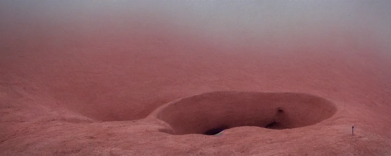 Prompt: a pink minimalistic brutal bunker stands on a sandy mountain with stones, view from the bottom up, in low fog, film still from the movie directed by denis villeneuve with art direction by zdzisław beksinski close up