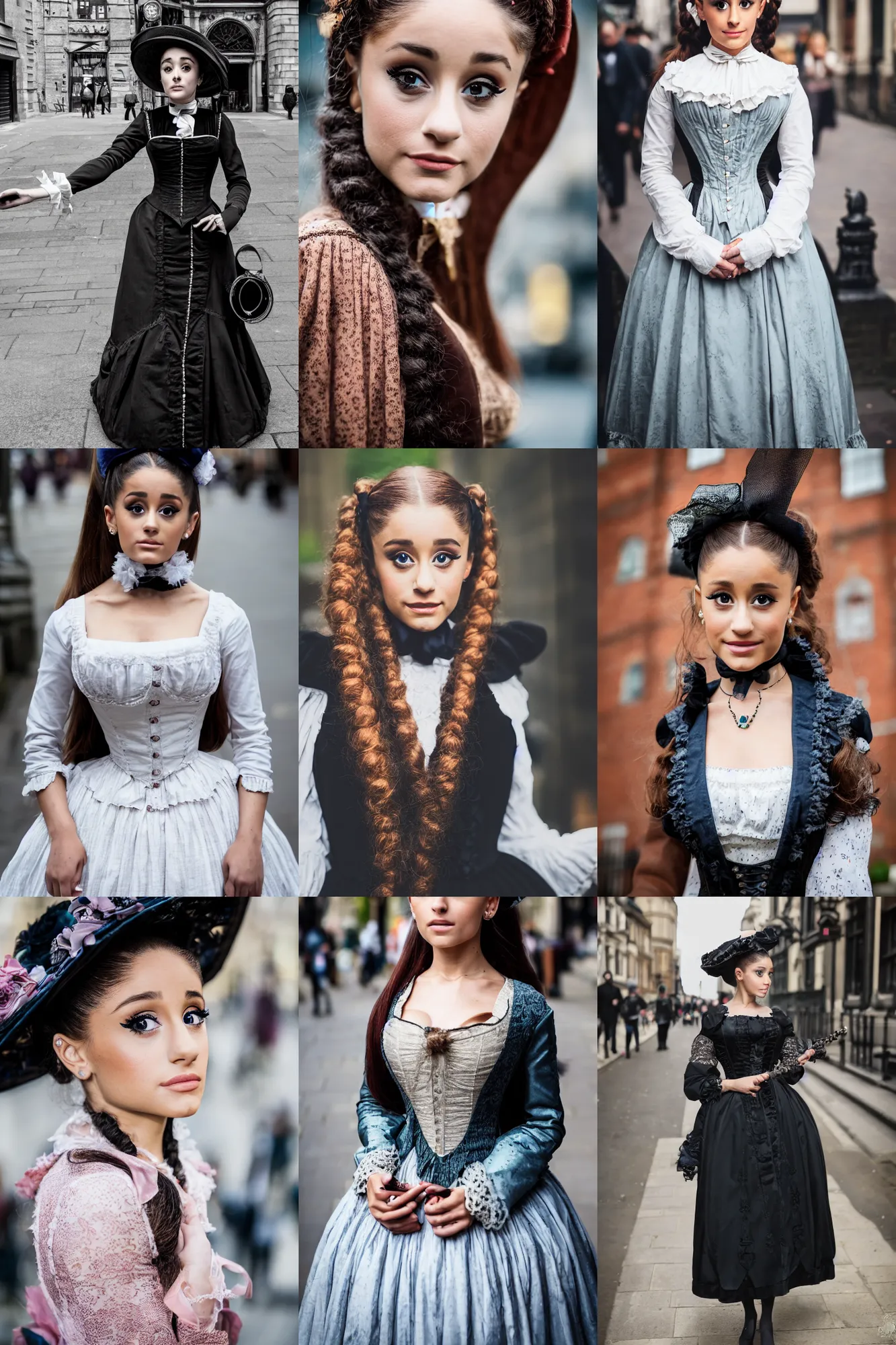 Prompt: Ariana Grande Victorian Era clothing, walking through the streets of London, XF IQ4, f/1.4, ISO 200, 1/160s, 8K, symmetrical face, beautiful eyes