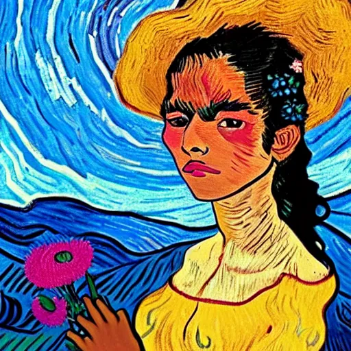 Prompt: beautiful dark skinned mexican woman, dancing in a field of flowers, prominent rosy cheek bones, black hair and brown eyes, van gogh art style,