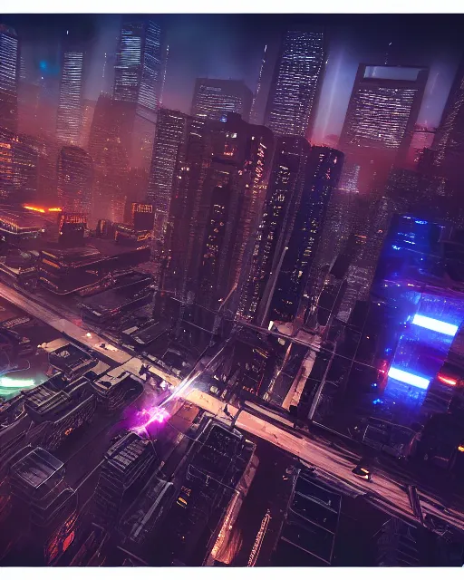 Image similar to cyberpunk scifi scene of san franscisco at night, aerial view, craft flying by, artstation, matt painting, very detailed, maximalism, ambient occlusion, volumetric light, atmospheric haze, unreal engine, hyper realism, realistic shading, cinematic composition, realistic render, octane render, detailed textures, photorealistic, wide shot