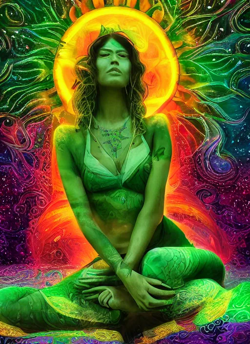 Prompt: beautiful female spirit of cannabis healing the humankind with her cosmic feminine energy made of true love, visionary painting, psychedelic vibrant colors, green emerald smoke outline, + gi, backlit, global illumination, physically based rendering, cinematic lighting, Hyperspectral Imaging, vintage, cinecolor, megapixel, super-resolution, 48k, ray tracing reflections, diffraction grading, lumen reflections, ray tracing ambient occlusion, de-noise, sfx, detailed and intricate, ultra defined texture detail, naturally life-like, octane render