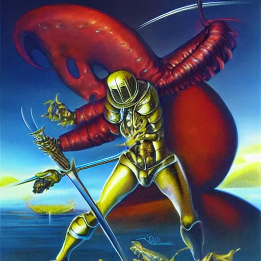 Image similar to a knight battling an alien king painting by boris vallejo & julie bell