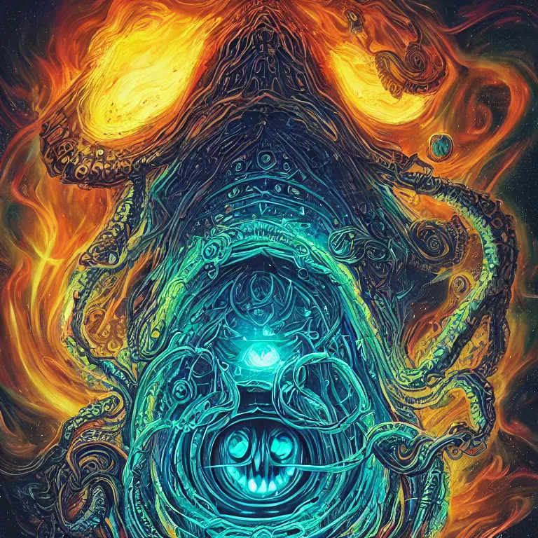 Image similar to a center frame giant skull with intricate rune carvings and glowing eyes with thick lovecraftian tentacles emerging from a space nebula by dan mumford, symmetry, twirling smoke trail, a twisting vortex of dying galaxies, digital art, vivid colors, highly detailed