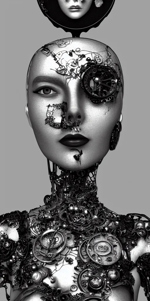 Image similar to black and white dreamy foggy smoky profile face portrait, one silver steampunk eye biomechanical beautiful young female - cyborg - robot bust, body ribs meshes,, volumetric light, hibiscus flowers, rim light, by dora maar and cecile beaton, big gothic fashion pearl embroidered collar, 8 k