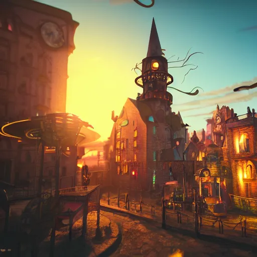 Prompt: photorealistic steampunk city. witchy city. sunset. witches flying on brooms. potion shop. pastel clouds. cauldron. lens flare. 8K. detailed. photorealism. artstation. 25mm f/1.7 ASPH Lens. ultra realistic