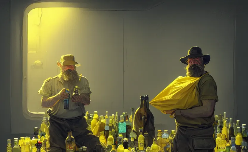 Image similar to hobocop with yellow plastic bag full of bottles from the disco elysium, concept art by aleksander rostov, artstation trending, symmetry, awesome exposition, very detailed, highly accurate, intricate, professional lighting diffracted lightrays, 8 k, sense of awe, gamers magazine cover