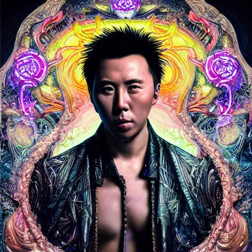 Image similar to portrait of donnie yen, hyper detailed masterpiece, neon floral pattern, jean giraud, digital art painting, darkwave goth aesthetic, psychedelic, artgerm, donato giancola and tom bagshaw