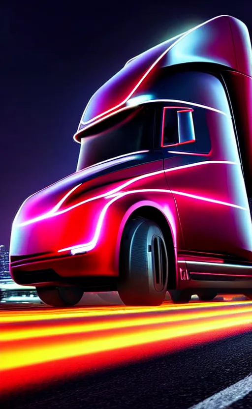 Image similar to ultra realistic and intricate detailed photograph of tesla cybertruck while racing on a neon race, new york city, movie shot, innovation, depth of field, ambient lighting, award winning, stunning