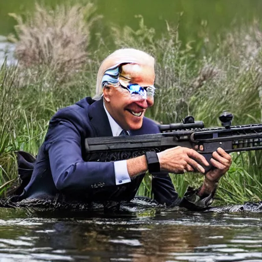 Prompt: Joe Biden rising out of swamp water with an AR15