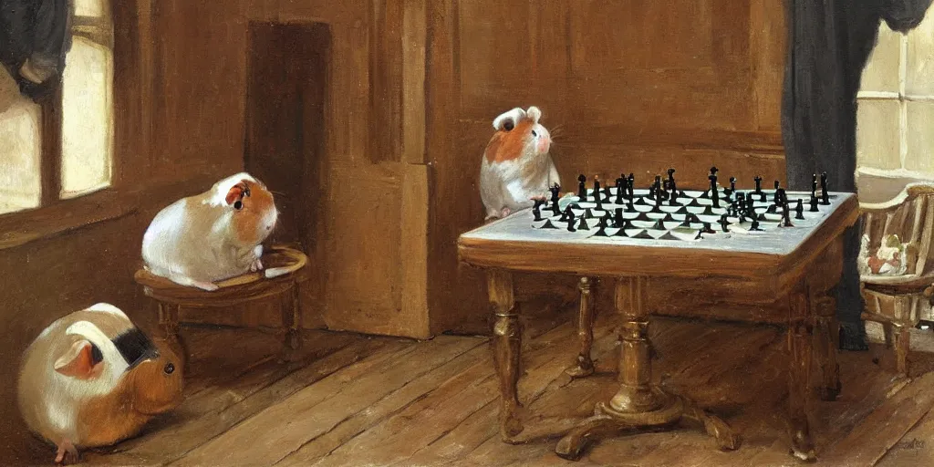 Image similar to a guinea pig playing chess inside a cozy victorian room, realistic oil paint