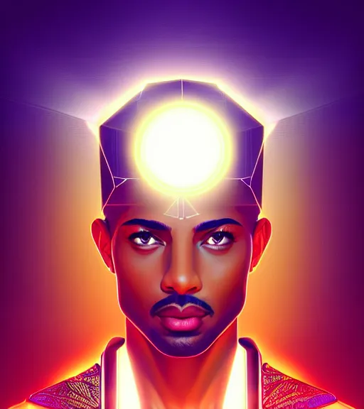 Prompt: symmetry!! egyptian king of technology, solid cube of light, hard edges, product render retro - futuristic poster scifi, lasers and neon circuits, brown skin handsome egyptian king, intricate, elegant, highly detailed, digital painting, artstation, concept art, smooth, sharp focus, illustration, dreamlike, art by artgerm