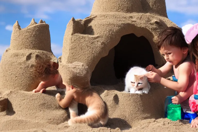 Image similar to two kittens and two children touching a sand castle