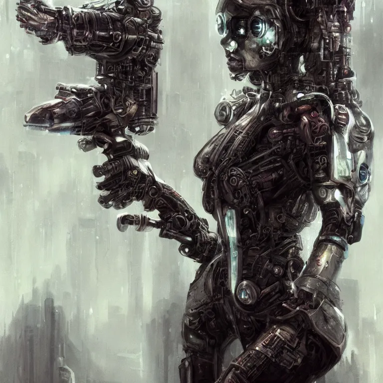 Image similar to cybernetic priestess, cyberpunk, gothic, fantasy, science fiction, character concept art, painting, hyperdetailed, realistic, creepy, atmospheric, cinematic, kinemacolor