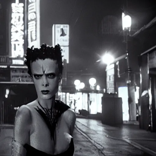 Image similar to noir cinematic portrait of bride of frankenstein as a replicant in a busy street at night, sleepy, frightened and angry, still from the movie ex machina, a neon sign is in the background