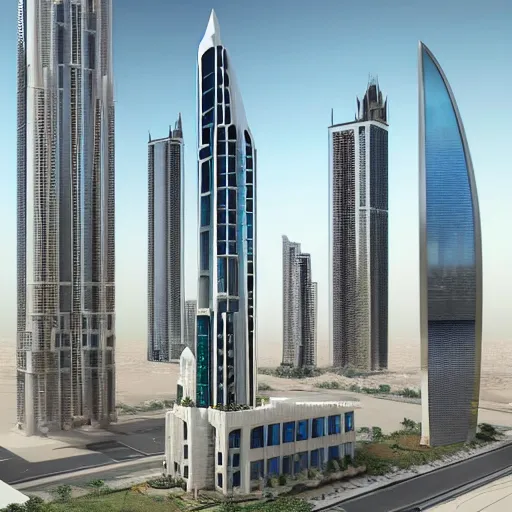 Prompt: modern render of a modern and sustainable skyscraper in Dubai, inspired by Islamic Architecture, rendered in v-ray