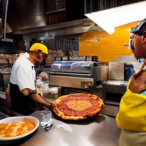 Prompt: Picture from NYTimes new trend in NYC - hot dog vendors selling deep fried pizza