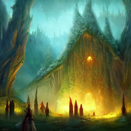 Prompt: oil painting of fantasy elven village inspired by Lord of the Rings by marc simonetti, mood lighting, trending on artstation