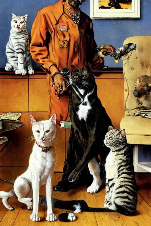 Prompt: snoop dogg and his cats painted by norman rockwell