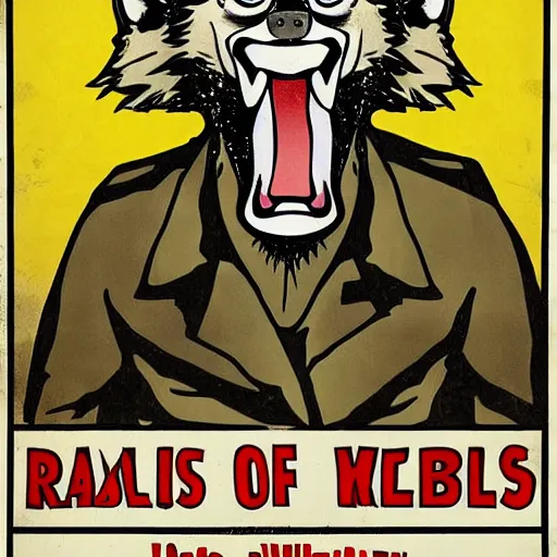 Image similar to portrait of retarded wolf, squint eyes, rabies, propaganda style, poster style