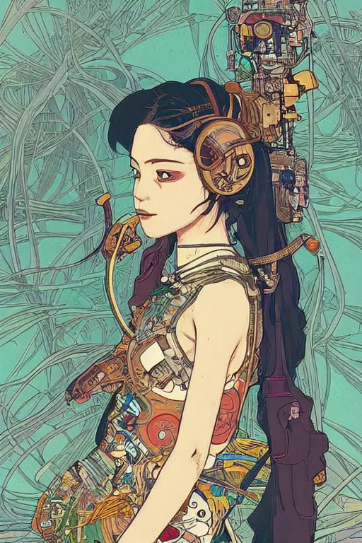 Image similar to beautiful cyborg portrait girl female illustration detailed patterns art of thai traditional dress, pop art, splash painting, art by geof darrow, ashley wood, alphonse mucha, makoto shinkai