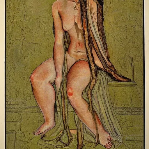 Image similar to A beautiful print. Her cell is as bare as mine. She is sitting in the middle, hugging her knees, wrapped in a toga-like garment. by Austin Osman Spare natural