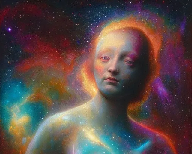 Image similar to cosmic person nebula, an oil painting, by ( leonardo da vinci ) and greg rutkowski and rafal olbinski ross tran airbrush time magazine