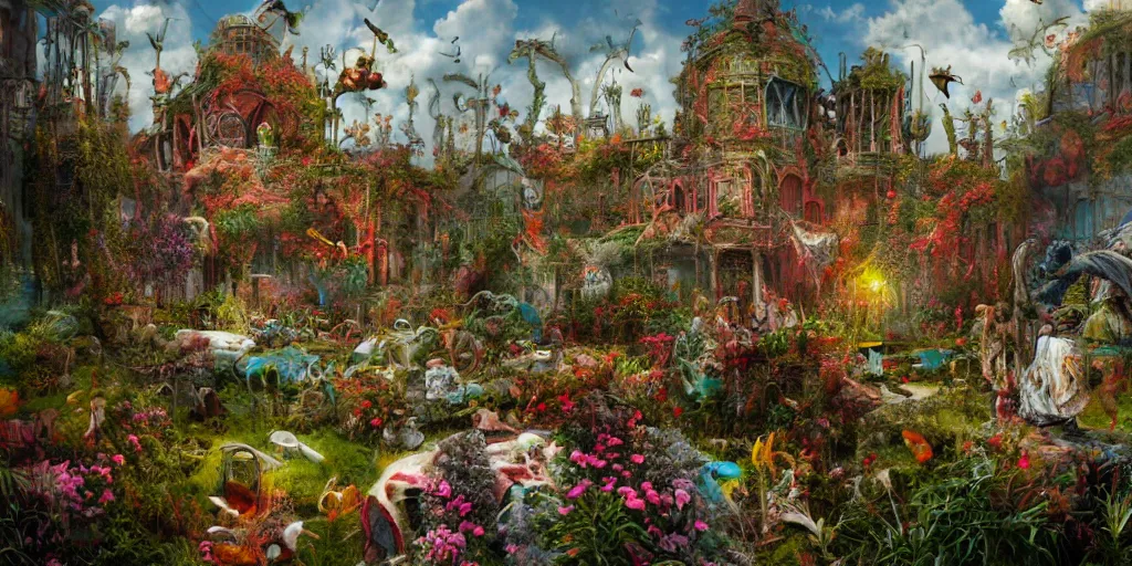 Prompt: 'Life from death' An aesthetic horror mate painting depicting 'A slaughterhouse with plants and flowers growing all over it, birds and insects flying all around it' by Salvador Dali, Trending on cgsociety artstation, 8k, masterpiece, cinematic lighting, highly detailed, vibrant colors.