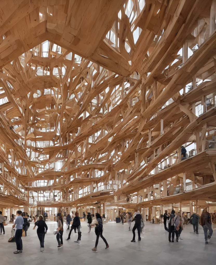 Prompt: a complex building interior, large wood joinery, people walking