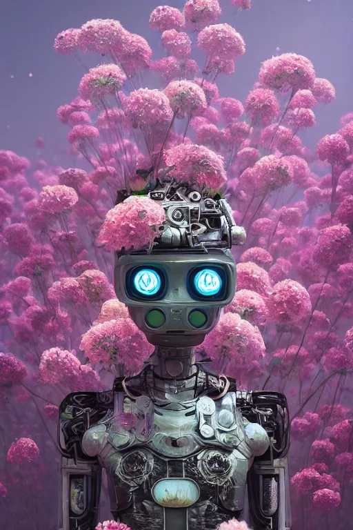 Image similar to a painting of a robot with flowers in his face, a raytraced image by Mike Winkelmann, cgsociety, panfuturism, made of flowers, cryengine, prerendered graphics