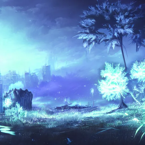 Image similar to scenery artwork, scene luminous, bioluminescent acrylic and cold nier automata pixiv scenery artwork : nature dream wire vegetation magic density infinite, macro seminal dream points of icy, frozen vaporwave shards tempted to turn into a dream scenery, high quality topical render, nier automata, concept art