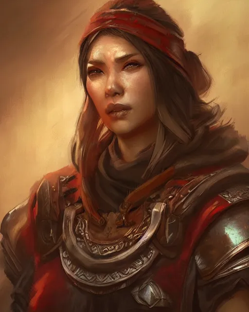 Image similar to the elder scrolls vi, charismatic rugged female redguard warrior portrait, illustration, rim light, top light, perfectly shaded, soft painting, art by krenz cushart and wenjun lin