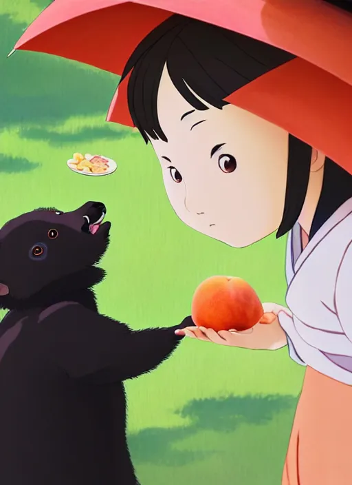 Image similar to painting of a small girl wearing a kimono giving a peach to an anthropomorphic asian black bear, close up, in the style of studio ghibli, heikala, 8 k, raw, featured in artstation, octane render, cinematic, elegant, intricate, 8 k