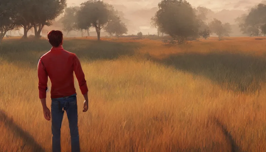 Prompt: back view of a man with red shirt and brown hair looking the sun in the field, wood on the left, houses on the right, hyperdetailed, artstation, cgsociety, 8 k