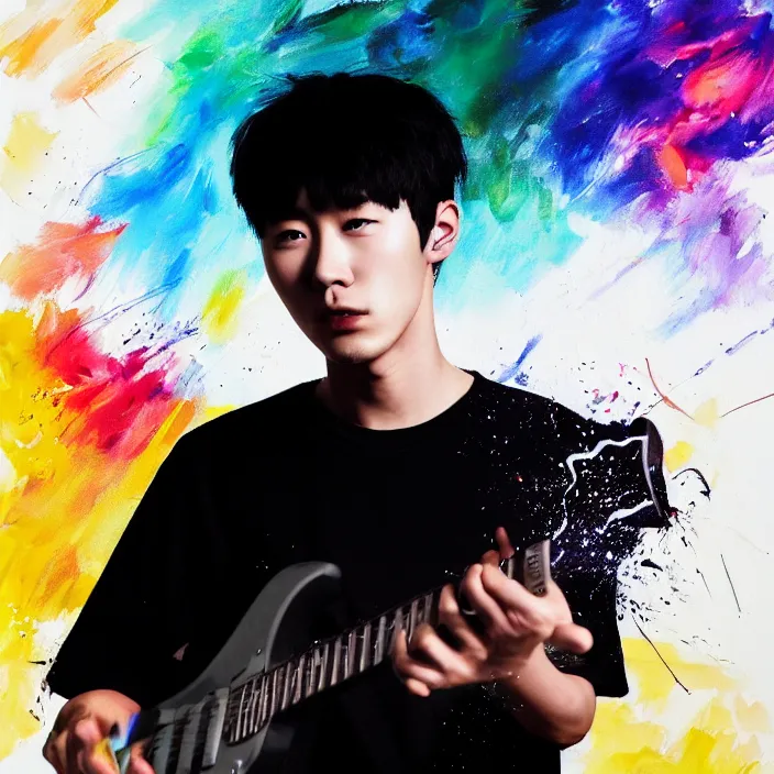 Image similar to a young korean man wearing black t shirt holding an electric guitar!!, dark background, huge brush strokes, dramatic smoke everywhere, matte colors, dramatic brush strokes, abstract, trending on artstation