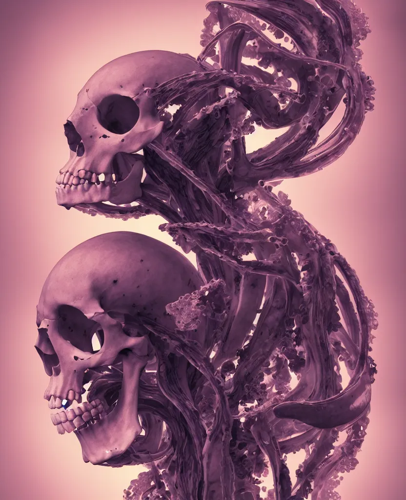 Image similar to symmetry!! goddess close - up portrait human skeleton, ram skull, squid phoenix jellyfish, orchid, betta fish, bioluminiscent, intricate artwork by tooth wu and wlop and beeple. octane render, trending on artstation, greg rutkowski very coherent symmetrical artwork. cinematic, hyper realism, high detail, octane render, 8 k