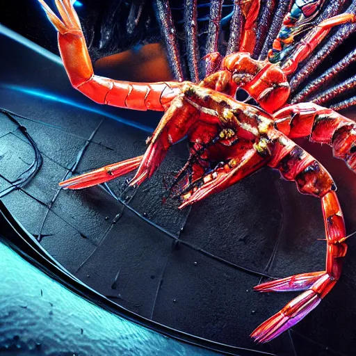 Image similar to a cyber shrimp god, evil, villain, studio, studio background, sharp focus, dynamic lights, still, photograph, hyper realistic, masterpiece, digital, octane render, rendered, 3 d, blender, 3 d software, cinematic, cinematic lighting, dramatic lighting, dramatic, highly detailed, intricate details, texture, slime, cinematic composition