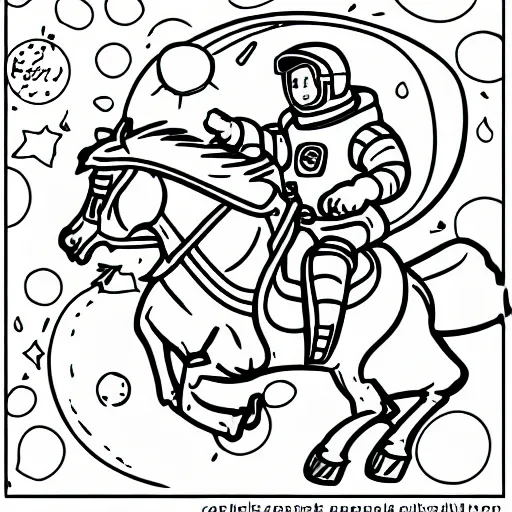 Prompt: Coloring page of an astronaut tabby cat riding a horse, in space