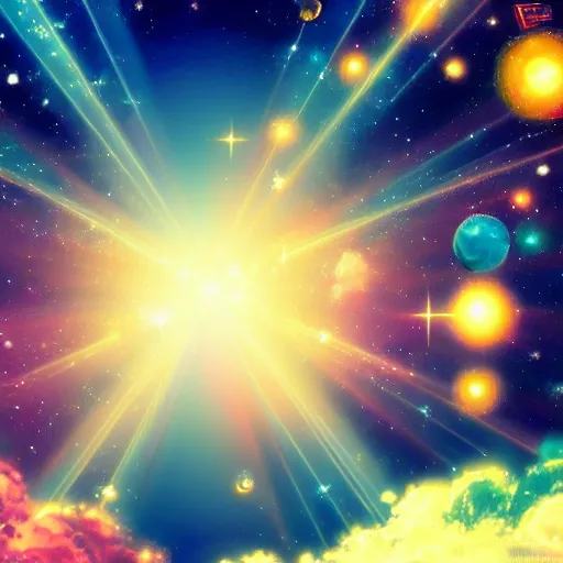 Image similar to anime style hd wallpaper of outer space, intricate auras and glittering stars, warm colors