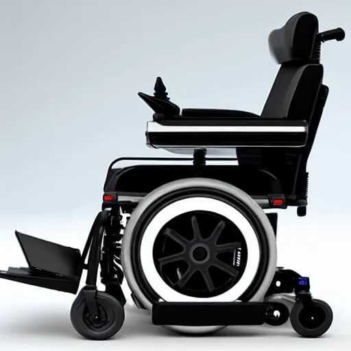 Image similar to a cyberpunk electric wheelchair with a computer stand