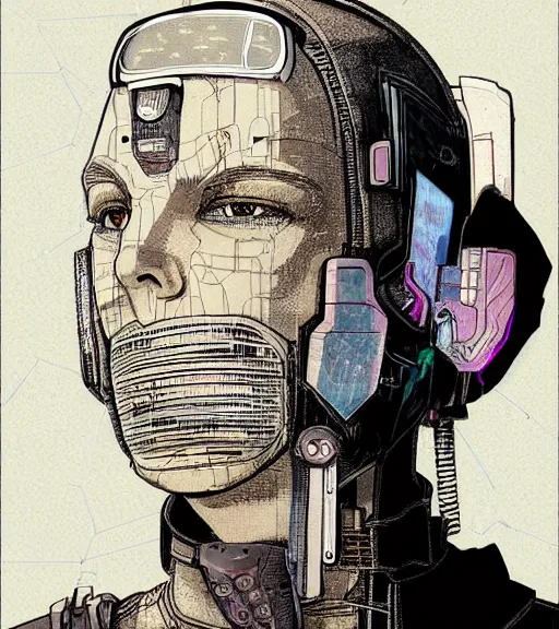 Image similar to a cyberpunk man with multiple digital patchwork faces, techwear, Industrial Scifi, detailed illustration, character portrait, by Martin Grip and Moebius