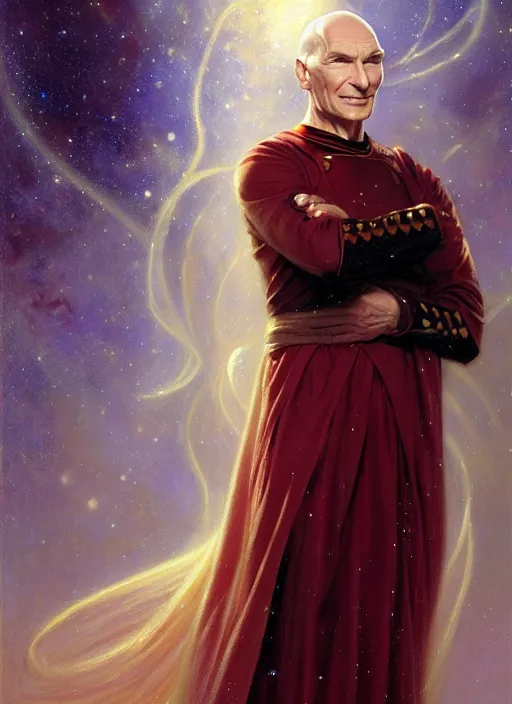Prompt: captain picard, god of starlight, long flowing hair, modest flowing gown, smug expression, highly detailed painting by gaston bussiere, craig mullins, j. c. leyendecker 8 k, sparkling nebula