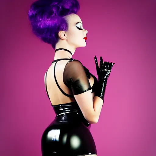 Image similar to supple feminine goth young woman with elaborate dignified tight shiny black latex dress, latex stockings, inviting posture, purple makeup, photorealistic, sublime, 16k, smooth, sharp focus, hyperdetailed, volumetric lighting