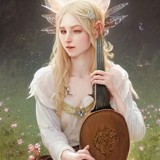 Image similar to elf fairy blond with a beautiful face, holding a lute, wearing a cardigan, highly detailed, intricate, digital painting, artstation, sharp focus, illustration, art by jakub rozalski, greg rutkowski, artgerm, tan zi and ayanamikodon and alphonse mucha and wlop